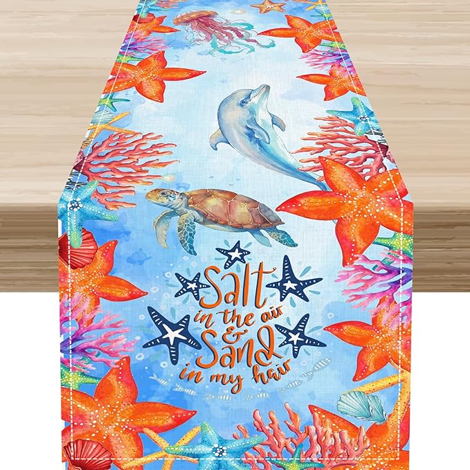 Summer Ocean Table Runner, Blue Sea Coastal Nautical Starfish Turtle Dolphin Seashell Undersea Table Runner Seasonal Holiday Home Kitchen Dining Table for Home Party Decor 13"x90"