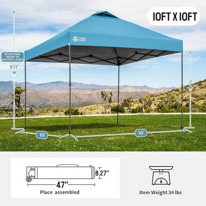 CROWN SHADES Adjustable Height on The Fly, 10x10 Pop Up Canopy - Beach Tent with One Push Setup - Easy Outdoor Sun Shade for Events, Parties, Camping - Outside Shade with STO-N-Go Bag, Cyan Blue