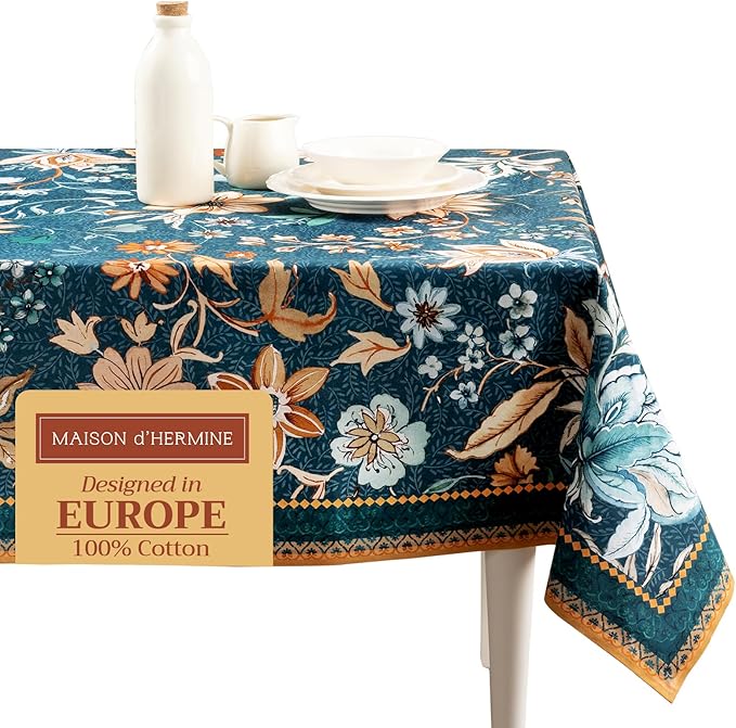 Maison d' Hermine Table Cloth Rectangle Table 100% Cotton 60 x 90 Inches Fall Tablecloth Reusable Everyday Use for Thanksgiving Christmas Decorations Dining Farmhouse Party (Luxury Loft - Dark Teal)