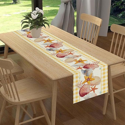 Coastal Table Runners, Yellow Plaid Buffalo Nautical Ocean Starfish Coral Seashell Pearl Beach Summer Coffee Table Center Decor for Family Wedding Holiday Party Farmhouse Table Decorations, 13" X 36"