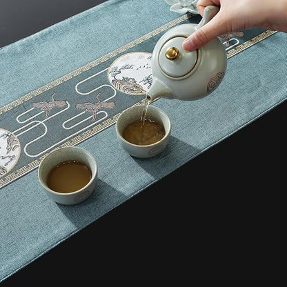 Embroidered Tassel Table Runner Chinese Style Landscape Painting Waterproof Cotton Linen Holiday Kitchen Dining Table Decoration for Home Party Decor 13x72 Inch (Blue)