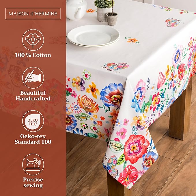 Maison d' Hermine Table Cloth Square Table 100% Cotton 60 x 60 Inches Tablecloth Reusable for Dining Room, Farmhouse, Home, Party, Festive & Wedding Spring Summer - Happy Florals - High Summer