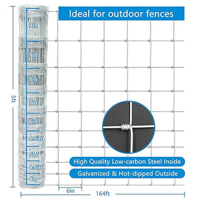 Farm Fence 5ft x 164ft Heavy Zinc Coating Cattle Fence,Galvanized Field Wire Fencing Deer Fence,Goat Fence,Hog Wire Fencing for Yard Livestock & Animals Protection