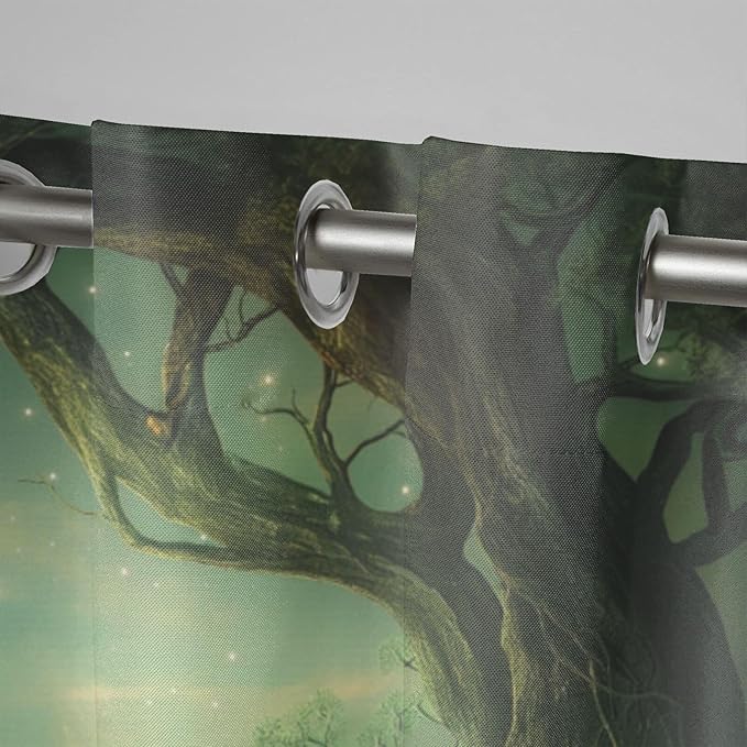 Forest Theme Waterproof Outdoor Curtains for Patio,Trees Moon Lake Pattern,Privacy, Grommet Curtains for Patio, Pergola, Porch, Deck, Lanai, and Cabana,2 Panels,W36 x L84,Green