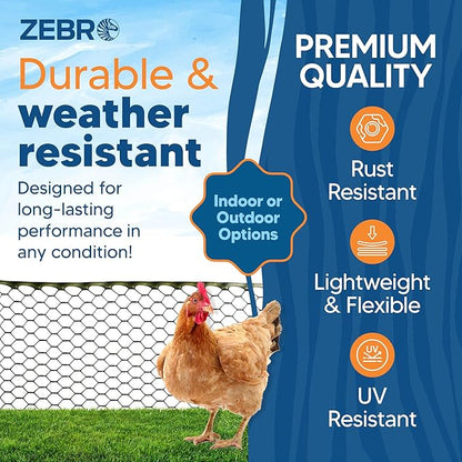 Zebro Plastic Chicken Wire Fence – Lightweight Poultry Netting & Garden Fence for Chicken Coops, Pet Enclosures, Balcony Safety & Landscaping – Weatherproof & Rust-Free - 2' x 50' Green