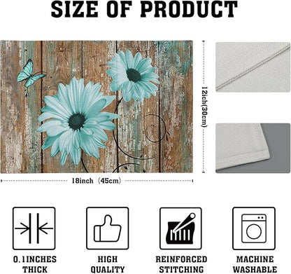 Giwawa Rustic Daisy Placemats Set of 4- Teal Sunflowers on Vintage Wood Board Linen Place Mat- Farmhouse Wooden Non Slip Heat Resistant Table Mats for Dining Kitchen Cabin Lodge Decor