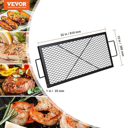 VEVOR X-Marks Fire Pit Grill Grate, Rectangle Cooking Grate, Heavy Duty Steel Campfire BBQ Grill Grid with Handle & Support X Wire, Portable Camping Cookware for Outside Party Gathering, 32 Inch Black