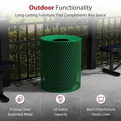 Leisure Craft Heavy-Duty 32 Gallon Receptacle, Portable, Liner Included, Made with Heavy-Gauge Metal and a Durable Thermoplastic Coating, Commercial Outdoor Park Receptacle, Made in The USA