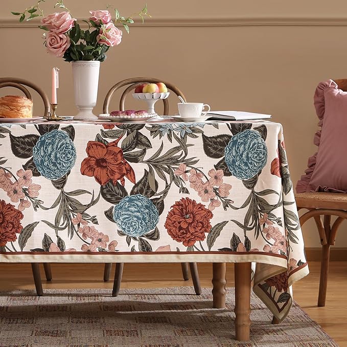 Designer French Linen Small Tablecloth for Square Table,Red and Blue Floral Rustic Durable Tablecloths,Decor Table Cover for Kitchen,Dining,Thanksgiving,Home,55" × 55"-Burgundyred