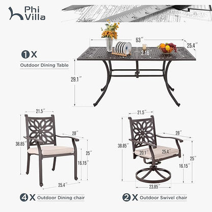 PHI VILLA Cast Aluminum Patio Dining Set for 6 Person, 7 Piece Outdoor Patio Set with 64" x 37" Cast-Top Aluminum Table(2.3" Umbrella Hole), 4 Dining Chairs and 2 Swivel Rockers with Seat Cushions