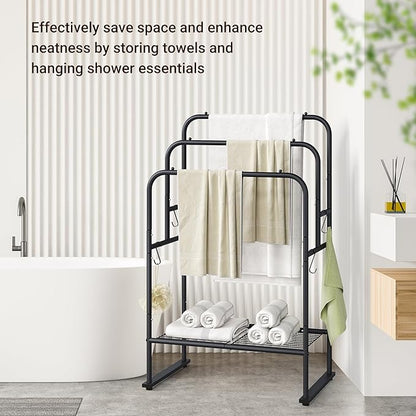 ELYKEN 40'' Tall Standing Towel Racks, 3 Tier Towel Drying Rack Outdoor, Pool Towel Stand Blanket Holder with Shelf & 4 Removable Hooks, Metal Freestanding Towel Racks for Bathroom, Matte Black