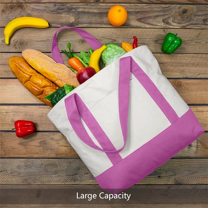 TOPDesign 1-Pack Canvas Tote Bag with an External Pocket, Reusable Grocery Shopping Bag, Top Zipper Closure, Daily Essentials (Light Purple/Natural)