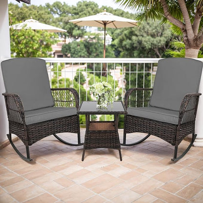 3 pcs Rocking Bistro Set Conversation Chairs PE Wicker Outdoor Rocking Chairs & - Image 7