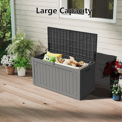100 Gallon Resin Deck Box, Waterproof Outdoor Storage Box for Patio Furniture, Garden Tools, and Pool Accessories, Lockable UV-Resistant Storage Bin Bench Cabinet for Outside, Grey