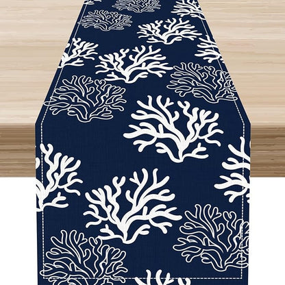 Coastal Table Runner, Summer Seasonal Beach Navy Blue Coral Nautical Tropical Ocean Marine Farmhouse Rustic Table Center Decor for Home Kitchen Dining Patio Indoor Outdoor Decorations, 13"x36" Inch