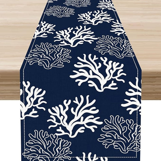 Coastal Table Runner, Summer Seasonal Beach Navy Blue Coral Nautical Tropical Ocean Marine Farmhouse Rustic Table Center Decor for Home Kitchen Dining Patio Indoor Outdoor Decorations, 13"x72" Inch