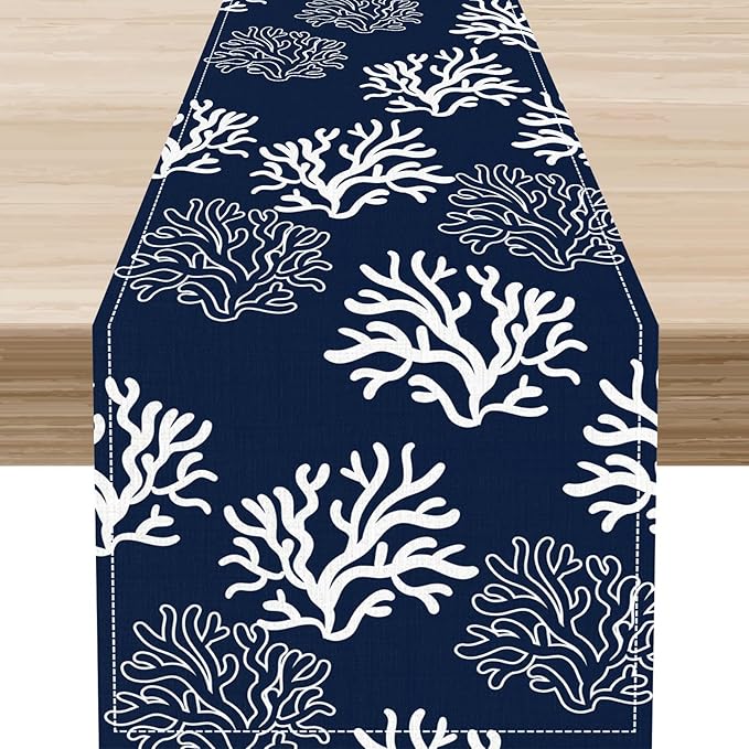 Coastal Table Runner, Summer Seasonal Beach Navy Blue Coral Nautical Tropical Ocean Marine Farmhouse Rustic Table Center Decor for Home Kitchen Dining Patio Indoor Outdoor Decorations, 13"x90" Inch
