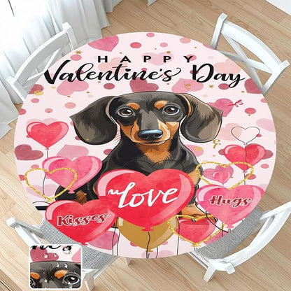 Valentines Day Round Fitted Tablecloth with Elastic Pink Love Heart Dog Circle Table Cloth for 40-44" Tables Wipeable Waterproof Washable Valentine Puppy Table Cover for Picnic Dining Party Decor