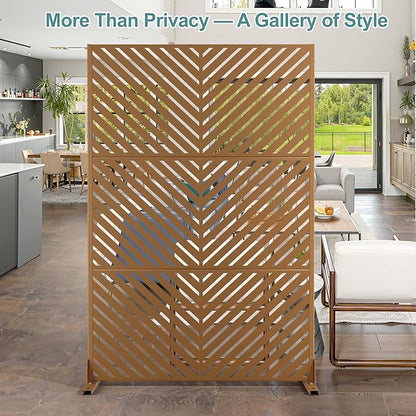 Metal Privacy Screen Outdoor Freestanding Privacy Wall Panels and Decorative Patio Dividers,Crafted from Steel with Sun-Proof Design, Ideal for Patio, Deck, Garden,72" H×47" L,（Brown&Parallel