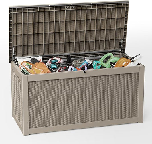 310 Gallon Lockable Outdoor Storage Box – Waterproof Resin Deck Box for Patio Furniture, Garden Tools, Pool Accessories (Gray)