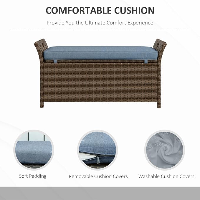Outsunny 29 Gallon Patio Wicker Storage Bench Outdoor PE Rattan Dark Blue | - Image 5