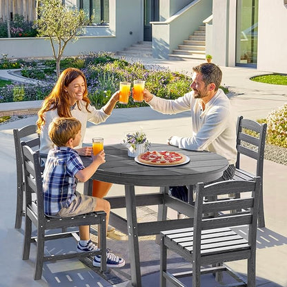 5 Piece Round Outdoor Dining Set, Relaxing HDPE Outdoor Table and Chairs with 105° Ergonomic Backrest, All-Weather Patio Table and Chairs Set with Umbrella Hole for Porch, Poolside, Gray