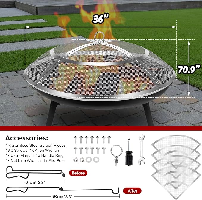 Fire Pit Spark Screen,36 Inch Fire Pit Screen Cover Stainless Steel Outdoor with Handle&Poker,Firepit Screens Cover Round Mesh Lid Heavy-Duty Steel Replacement for Backyard/Beach/RV Camping