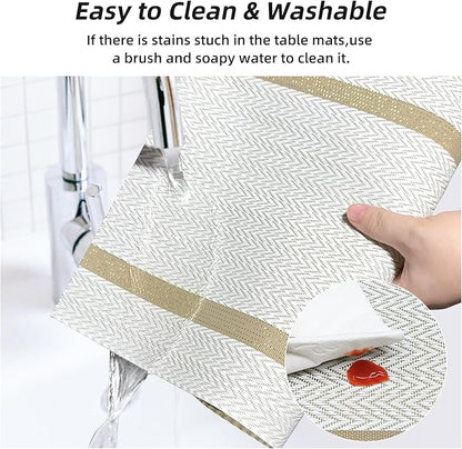 Beige Placemats Set of 8 - Heat Resistant Non-Slip Place mats for Dining Table, Washable Durable PVC Vinyl Woven Table Mats (Beige)