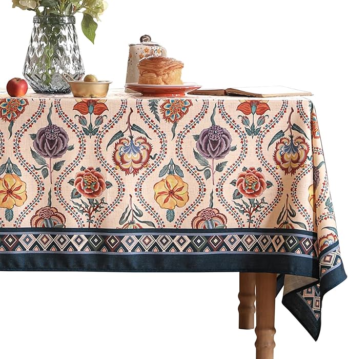 Vintage French Rectangular Tablecloth,Linen Tablecloth with Rose and Cornflower Pattern,Decorative Table Cover for Kitchen,Dining,Thanksgiving,Tea Party,63" × 87"-Lanae