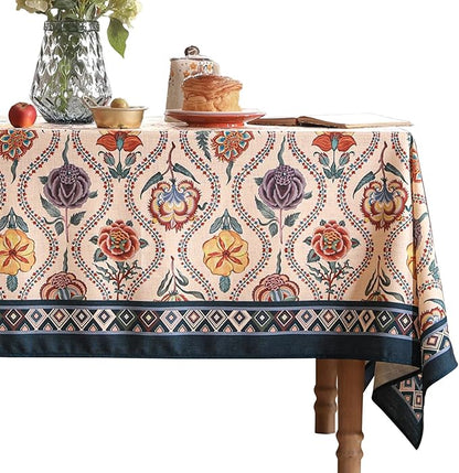 Vintage French Long Rectangular Tablecloth,Linen Tablecloth with Rose and Cornflower Pattern,Decorative Table Cover for Kitchen,Dining,Thanksgiving,Tea Party,63" × 94"-Lanae