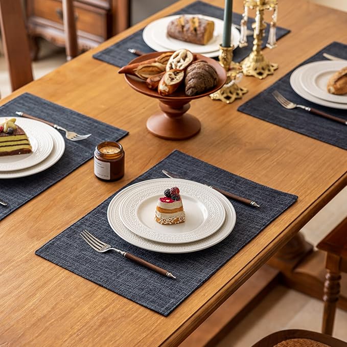 KXN Placemats Set of 8, Dual-Layer Thickened Faux Linen Table Mats, Heat Resistant & Wrinkle-Free, Machine Washable Cloth Place Mats for Kitchen Dining Indoor Outdoor (Dark Gray)