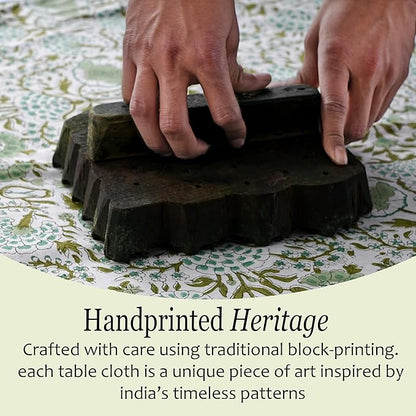 CPC Tablecloth 100% Cotton 72x140 Inch Indian Block Print Rectangle Table Cover, Green Table Cloth for Weddings, Spring/Summer, Barbeque - Agate Green