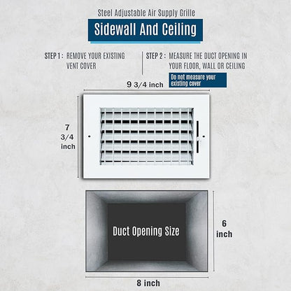 Fits 8x6 Duct Opening Steel Adjustable Air Supply Grille by Handua | Register Vent Cover Grill for Sidewall and Ceiling | White | Outer Dimensions: 9.75" X 7.75"