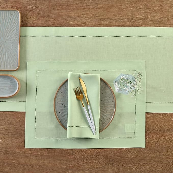 Solino Home Linen Light Green Table Runner 36 Inches - 100% Pure Linen Small Table Runner 14 x 36 Inch for Dresser and Coffee Tables, Spring, St Patricks Day, Easter - Classic Hemstitch