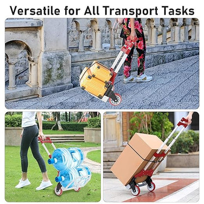 Folding Hand Truck - Aluminum Portable Dolly Cart with Telescopic Handle, Bungee Cord - Compact Lightweight Foldable Luggage Cart for Moving, Home, Auto, 180lbs, Red