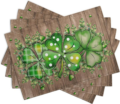 St Patricks Day Eucalyptus Leaves Placemats Set of 4, 12x18 Inch St Patrick Wooden Plank Dining Table Placemats Shamrock Spring Washable Heat Resistance Table Mats for Kitchen Dining Decor