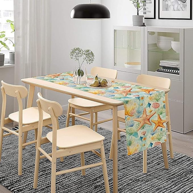 Starfish Conch Shell Table Runners, Season Coastal Marine Life Table Runners for Kitchen Dining Outdoor Home Party 13x60in