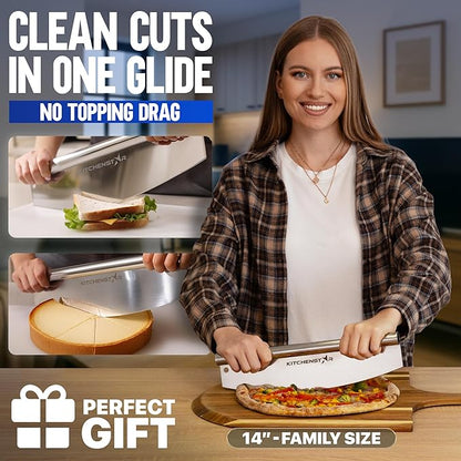 KitchenStar 14-Inch Pizza Cutter Rocker Blade - Sharp Stainless Steel Slicer Knife, Protective Cover, Dishwasher Safe, Large - Professional Pizza Oven Accessories
