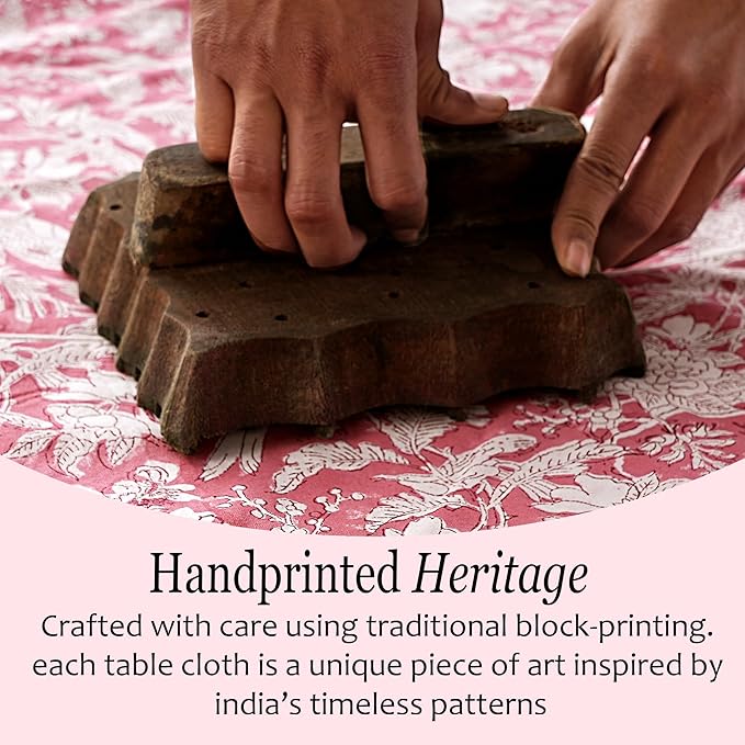 CPC Tablecloth 100% Cotton 72x140 Inch Indian Block Print Rectangle Table Cover, Red Table Cloth for Weddings, Spring/Summer, Barbeque - Pink Coral