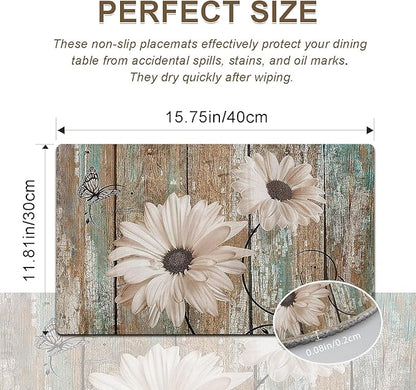 White Sunflower Placemats set of 4 - Floral Faux Leather Heat Resistant Placemats for Dinner Table, Non-Slip Waterproof Oil-Proof Washable Reusable Placemat for Indoor Outdoor Kitchen, 15.75In*11.81In