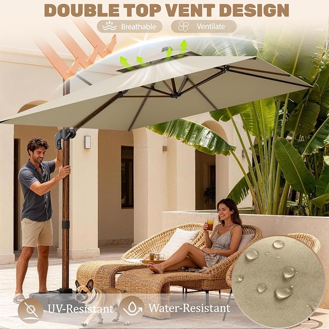 10x13FT Cantilever Outdoor Patio Umbrellas, Double Top Wood Pattern Rectangle - Image 3