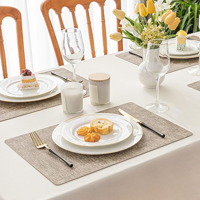 Romanstile Vinyl Placemats Set of 12-12 X 17 Inch - Heat Resistant Place Mats 100% Waterproof Oilproof Wipeable Reversible Faux Leather Table Mats for Kitchen, Dining, Party, Outdoor, Khaki