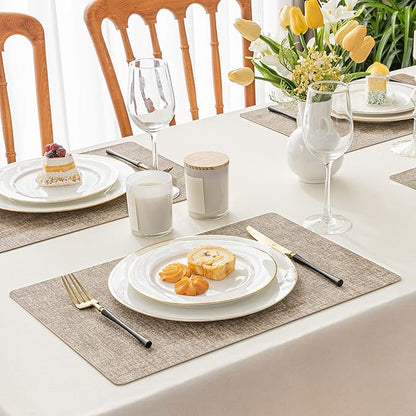Romanstile Vinyl Placemats Set of 12-12 X 17 Inch - Heat Resistant Place Mats 100% Waterproof Oilproof Wipeable Reversible Faux Leather Table Mats for Kitchen, Dining, Party, Outdoor, Khaki