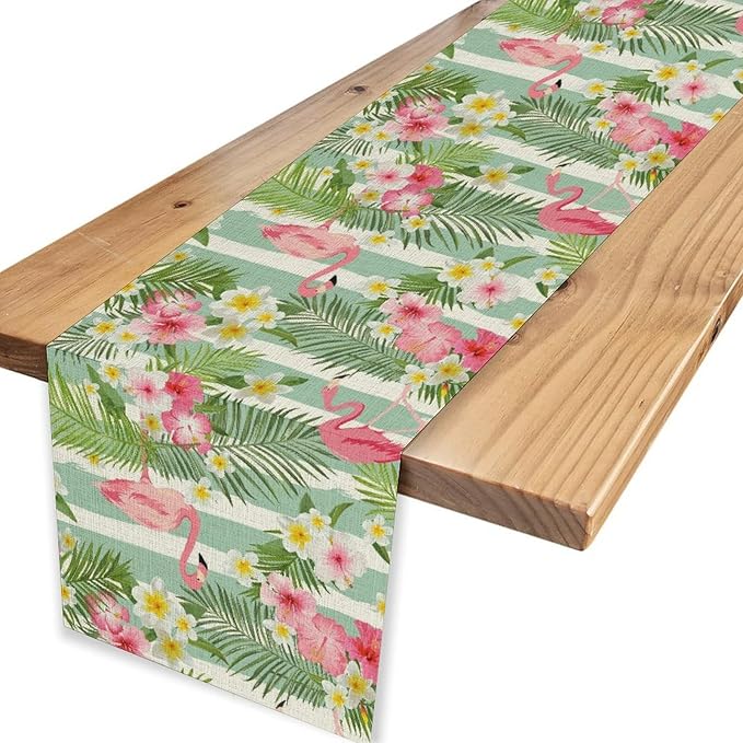 Tropical Flamingo Table Runner,Green White Stripes Palm Leaves Floral Hawaii Seasonal Holiday Celebration Kitchen Dining Table Decoration for Home Party Decor, 13"x36"