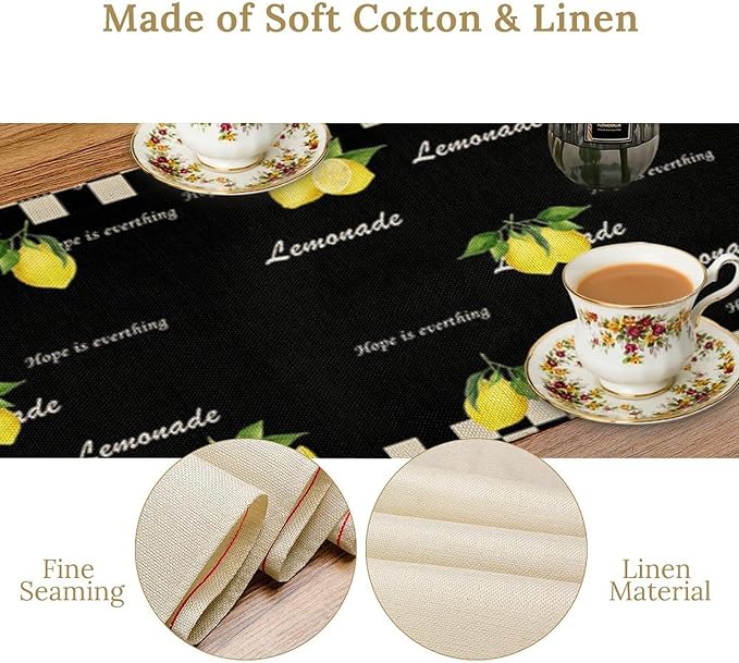 Lemon Table Runner,White Black Buffalo Plaid Watercolor Summer Fruit Print Table Runner for Kitchen Dining Table Indoor Outdoor Home Party Decor 13x108in