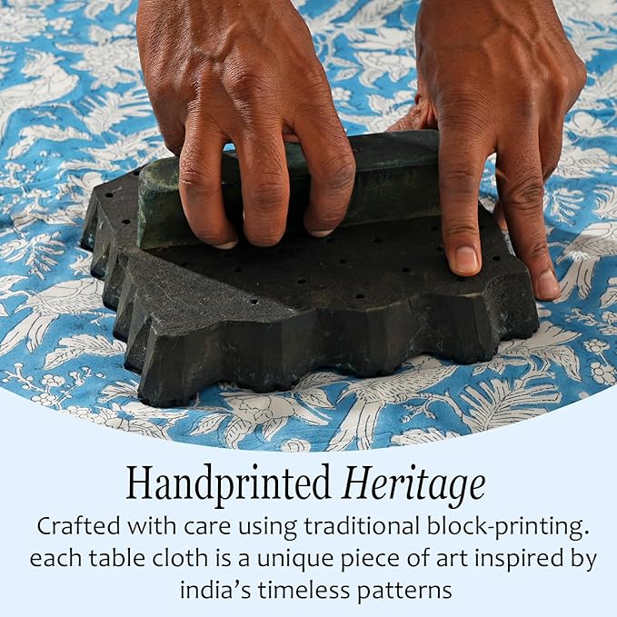 CPC Tablecloth 100% Cotton 70x108 Inch Indian Block Print Rectangle Table Cover, Washable Table Cloth for Weddings, Spring/Summer, Barbeque - Blue Sapphire