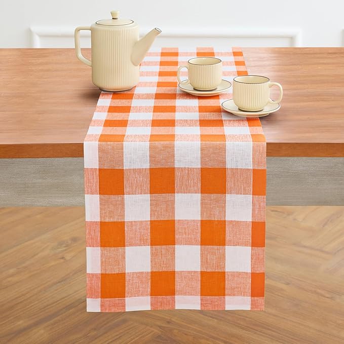 Solino Home Linen Checkered Table Runner 132 Inches Long - 100% Pure Linen Buffalo Check Pumpkin and White Table Runner 14 x 132 Inch Ideal for Dining