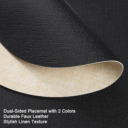 Placemats and Coasters, Washable Reversible Placemats Round Faux Leather Wipeable Place Mats Non Slip Heat Resistant Indoor Outdoor Table Mats (Set of 4, Cream Black)