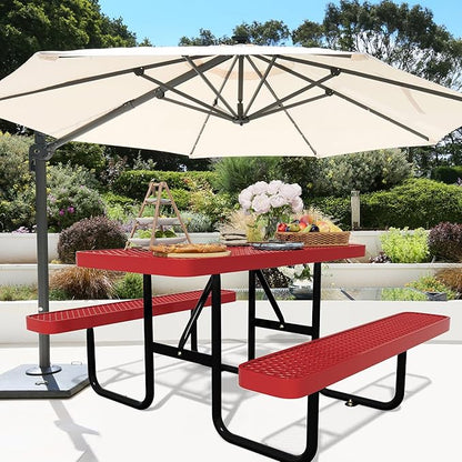 4FT Picnic Tables for Outdoors, Rectangular Commercial Metal Picnic Table Bench Set with Umbrella Hole,Heavy Duty Steel Weather-Resistant Dining Table for Patio Dining Garden Backyard BBQ School