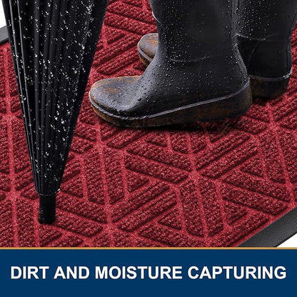 Smiry Front Door Mat Outside Entrance, Heavy Duty Sturdy Natural Rubber Doormat, Trap Dirt and Moisture, Easy Clean Low Profile Mats for Indoor Outdoor Entry, Grid Geometric (47x32, Wine Red)